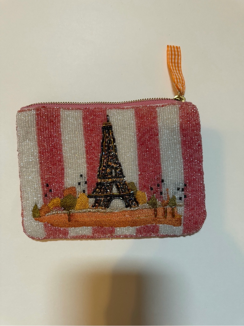 Anthropologie Striped Fiona Beaded Paris Eiffel Tower Zip Pouch